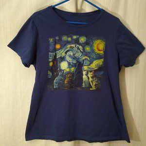 Navy Blue "Starry Night w/ Cats" T-shirt ✨😸